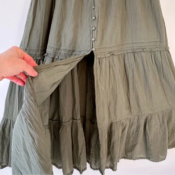 Aerie NWT Green Cotton Gauzy Tiered Skirt Smocked Waist Long Front Slit, size L - Picture 6 of 16